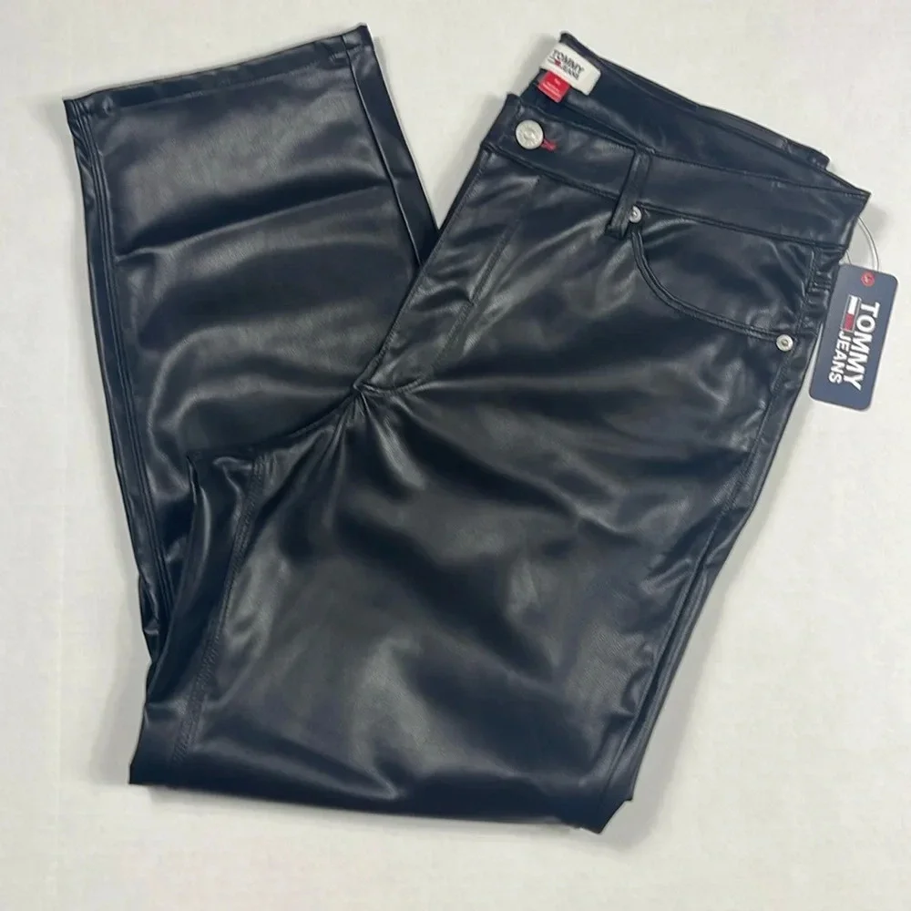 TOMMY JEANS Women's Mid-Rise Faux-Leather Straight-Leg Pants Sz 32